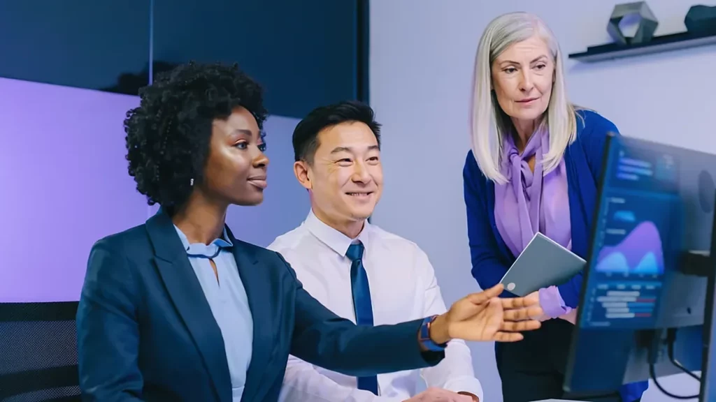 Three colleagues reviewing an audit report on a large monitor