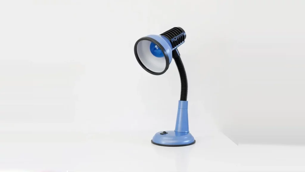Blue daylight desk lamp on a white desk